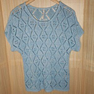 Leo & Nicole Womens Blue Open Knit Short Sleeve Tunic Sweater Large
